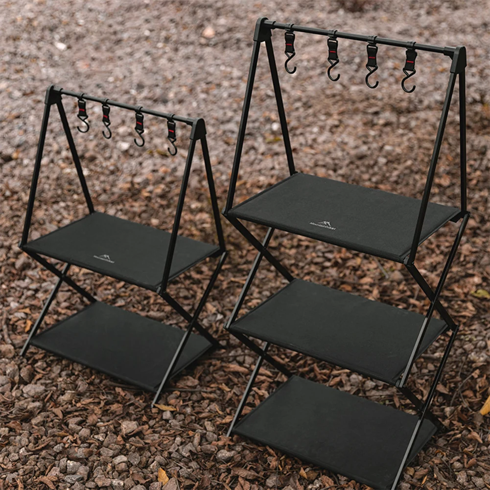 Outdoor Aluminum Alloy Multi-function Storage Rack with Hooks Portable Folding Storage Shelf Three Reset Shelves Outdoor Camping
